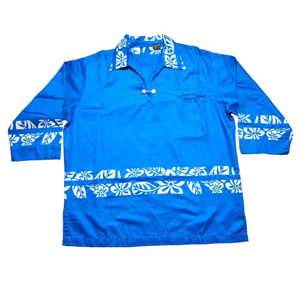 Vintage Hawaiian Holiday Aloha Shirt 3/4 Sleeve Blue With White Floral Design Ma